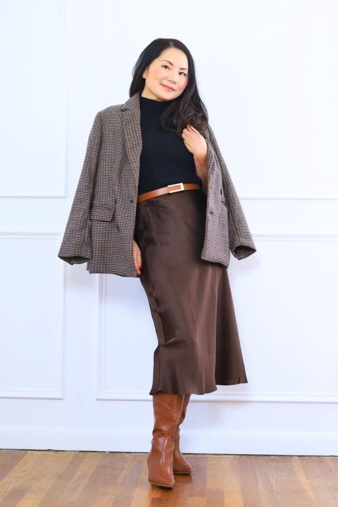 brown satin midi skirt with taupe blazer - classy skirt outfits for women over 60