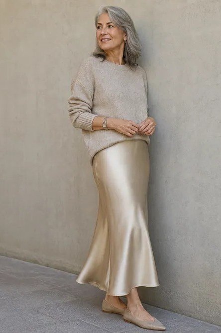 champagne satin midi skirt with grey knit - classy skirt outfits for women over 60