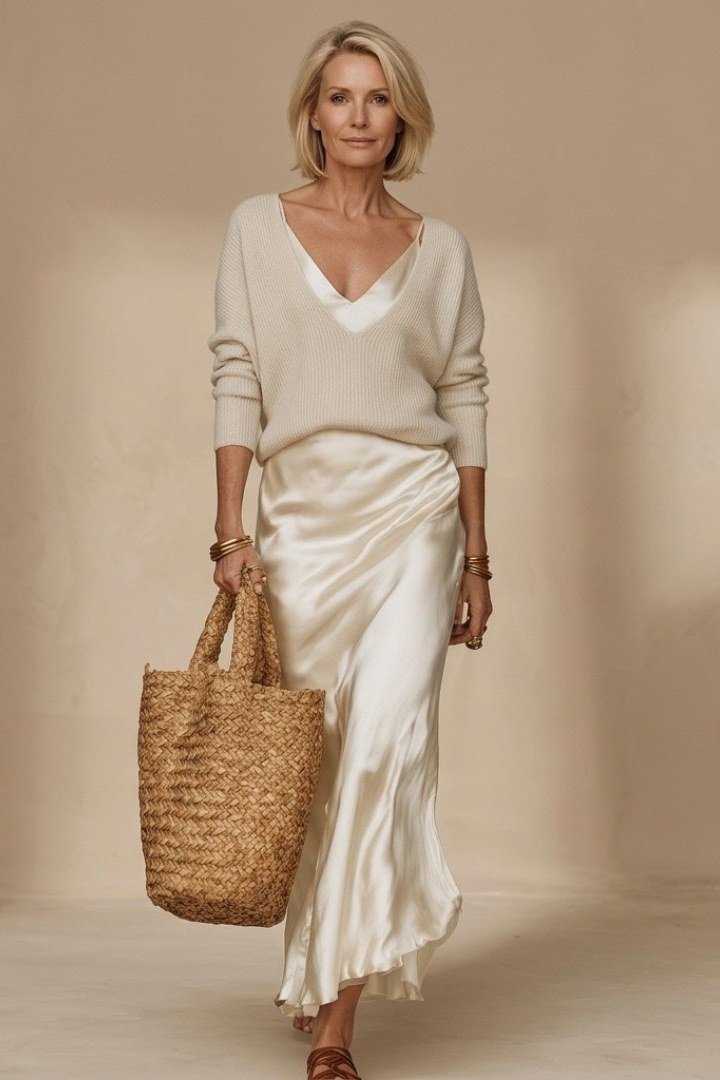 ivory silk maxi skirt with cream knit - classy skirt outfits for women over 60