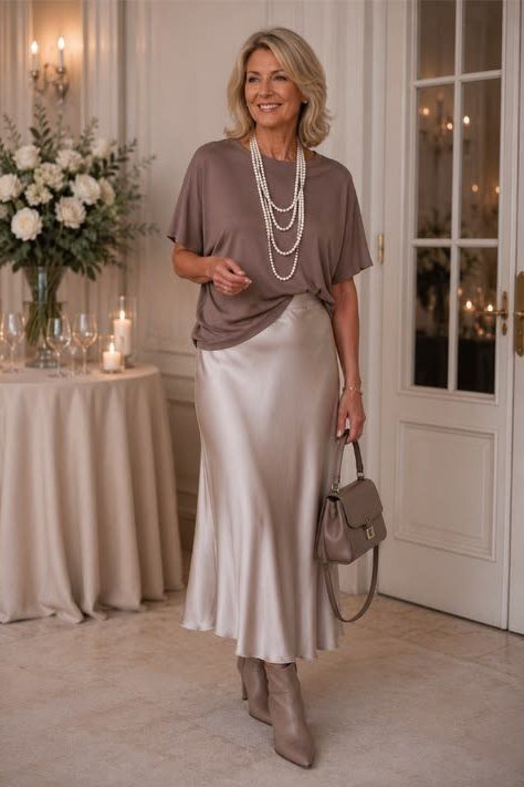 silver satin midi skirt with taupe top - classy skirt outfits for women over 60