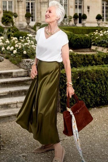 olive satin maxi skirt with white tee - classy skirt outfits for women over 60