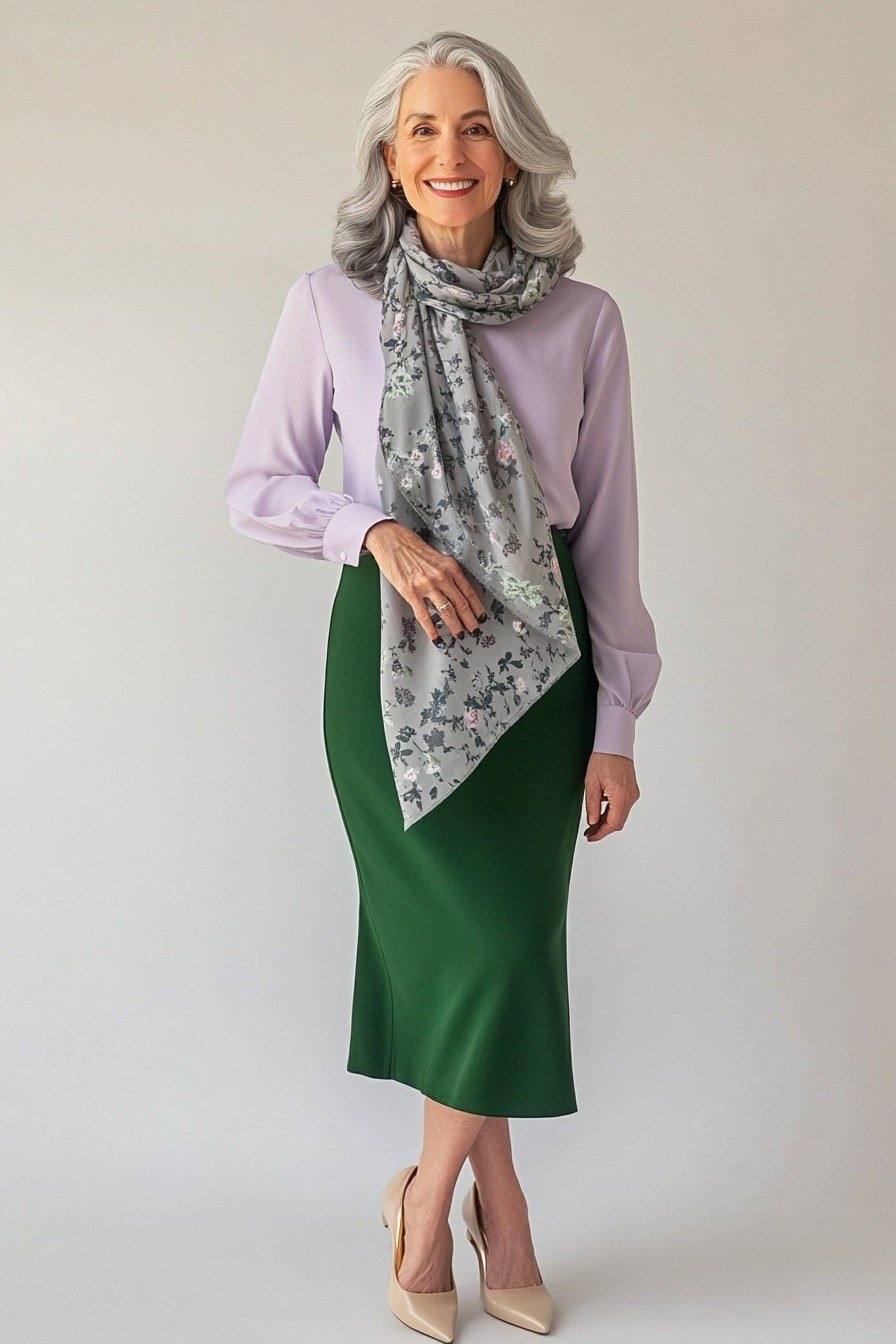 white blouse with taupe pencil skirt - classy skirt outfits for women over 60