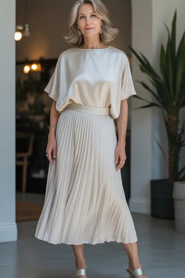 white shirt with brown pencil skirt - classy skirt outfits for women over 60