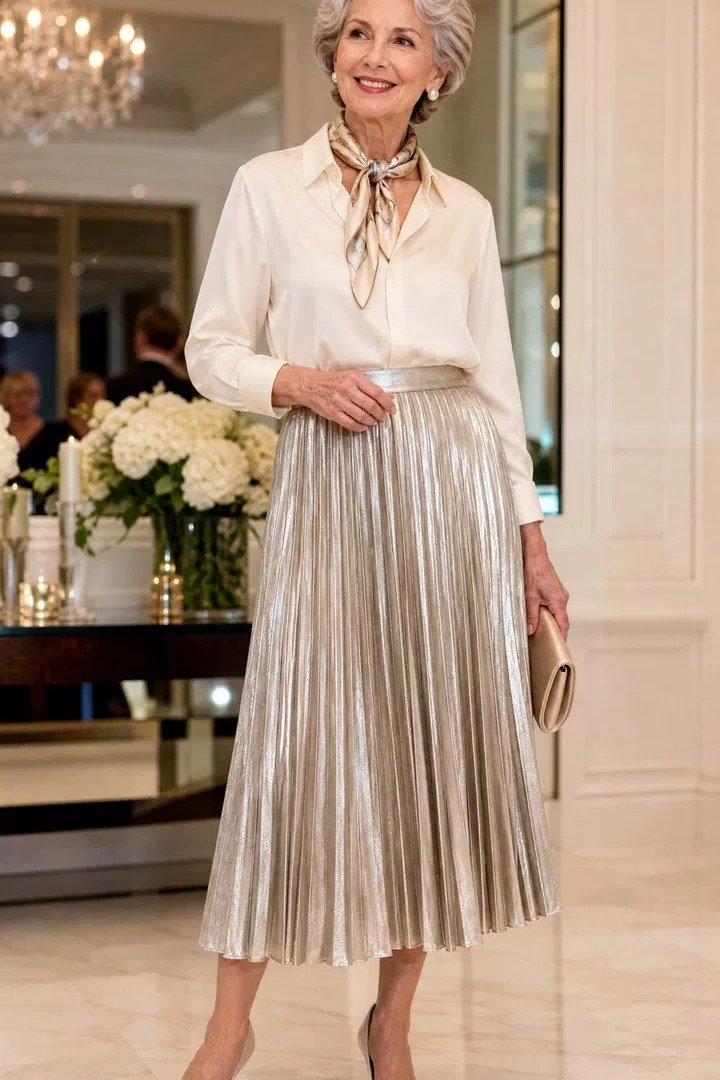 white top with grey midi skirt - classy skirt outfits for women over 60