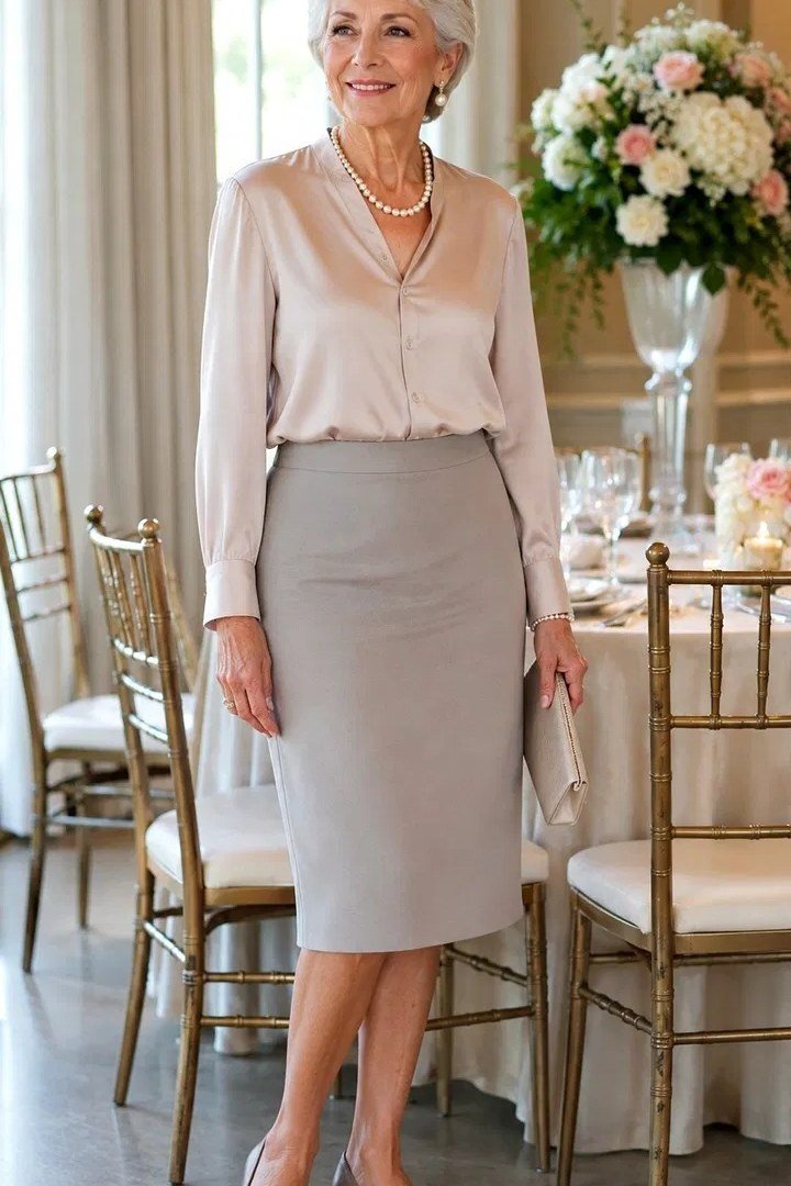 grey cardigan with black leather pencil skirt - classy skirt outfits for women over 60