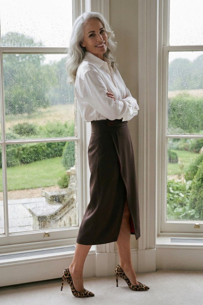 chambray shirt with denim pencil skirt - classy skirt outfits for women over 60
