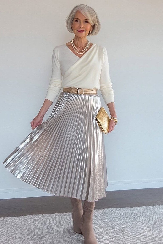 gingham shirt with dark denim midi skirt - classy skirt outfits for women over 60