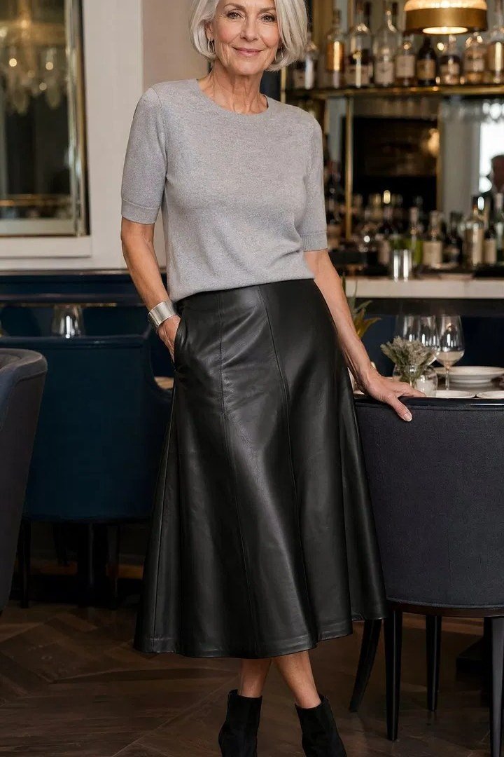 red tee with denim midi skirt - classy skirt outfits for women over 60