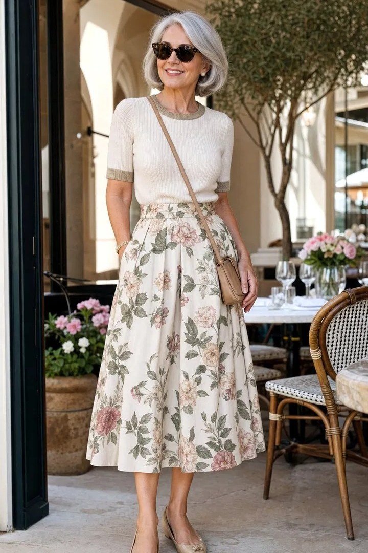 grey tee with denim button-front midi skirt - classy skirt outfits for women over 60