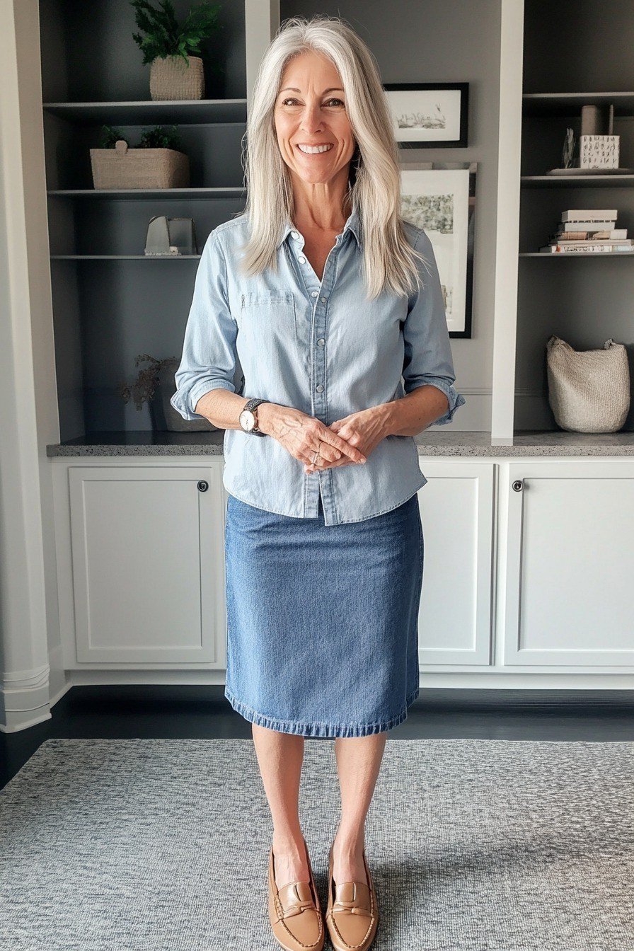 grey top with black leather midi skirt - classy skirt outfits for women over 60