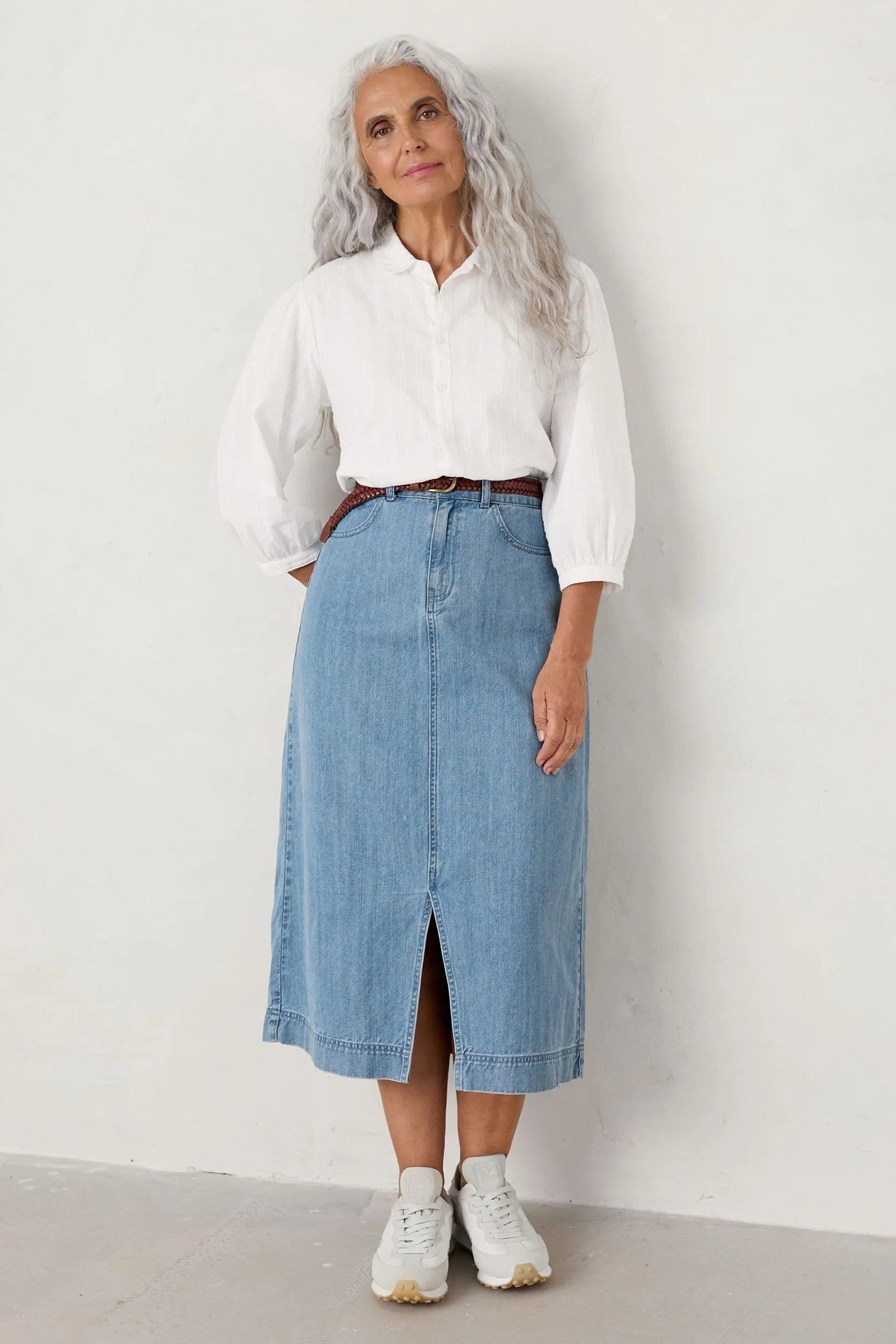 beige shirt with floral midi skirt - classy skirt outfits for women over 60
