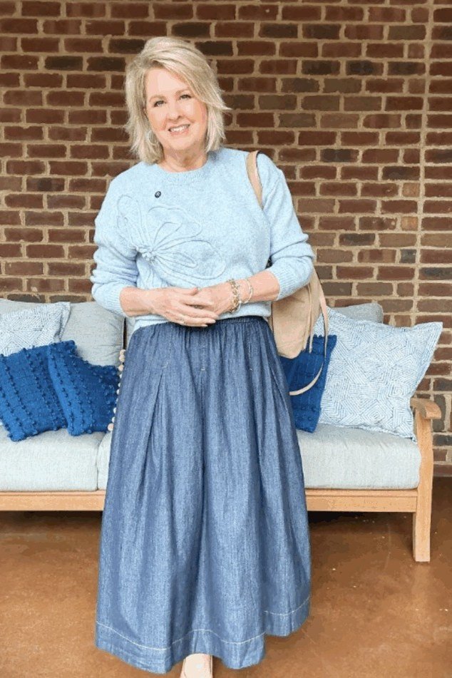 lavender blouse with green satin skirt and scarf - classy skirt outfits for women over 60