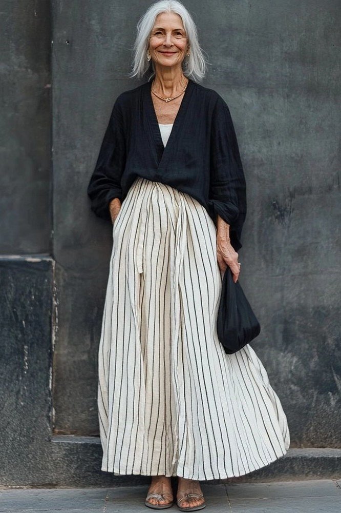 black top with striped maxi skirt - classy skirt outfits for women over 60