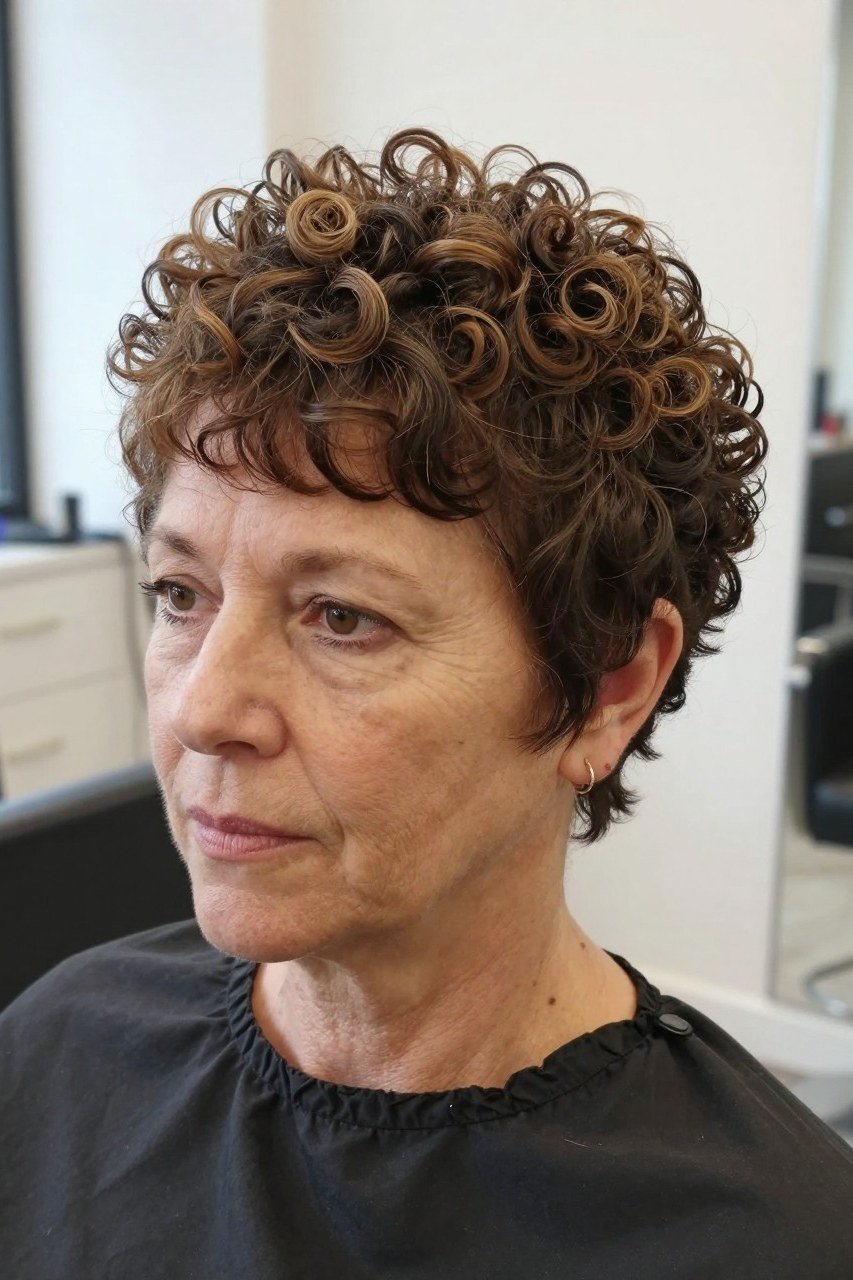 Short Curly Pixie with Wispy Bangs curly bangs hairstyle for women over 60