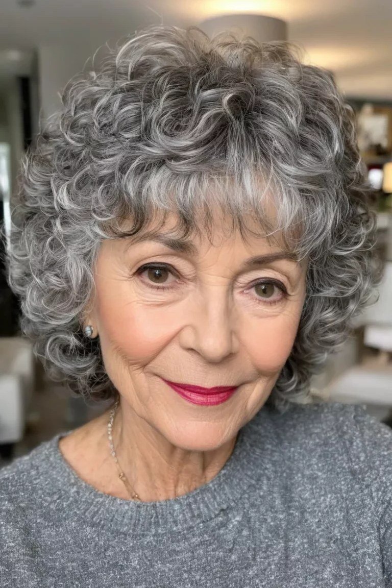 Gray Curly Crop with Bangs curly bangs hairstyle for women over 60