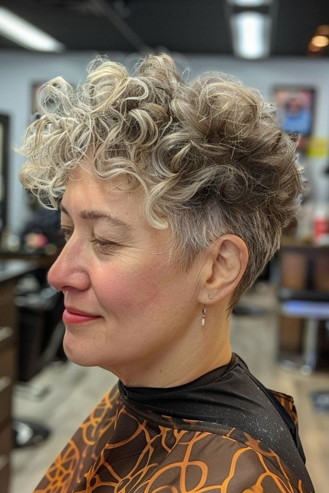 Short Curly Pixie curly bangs hairstyle for women over 60