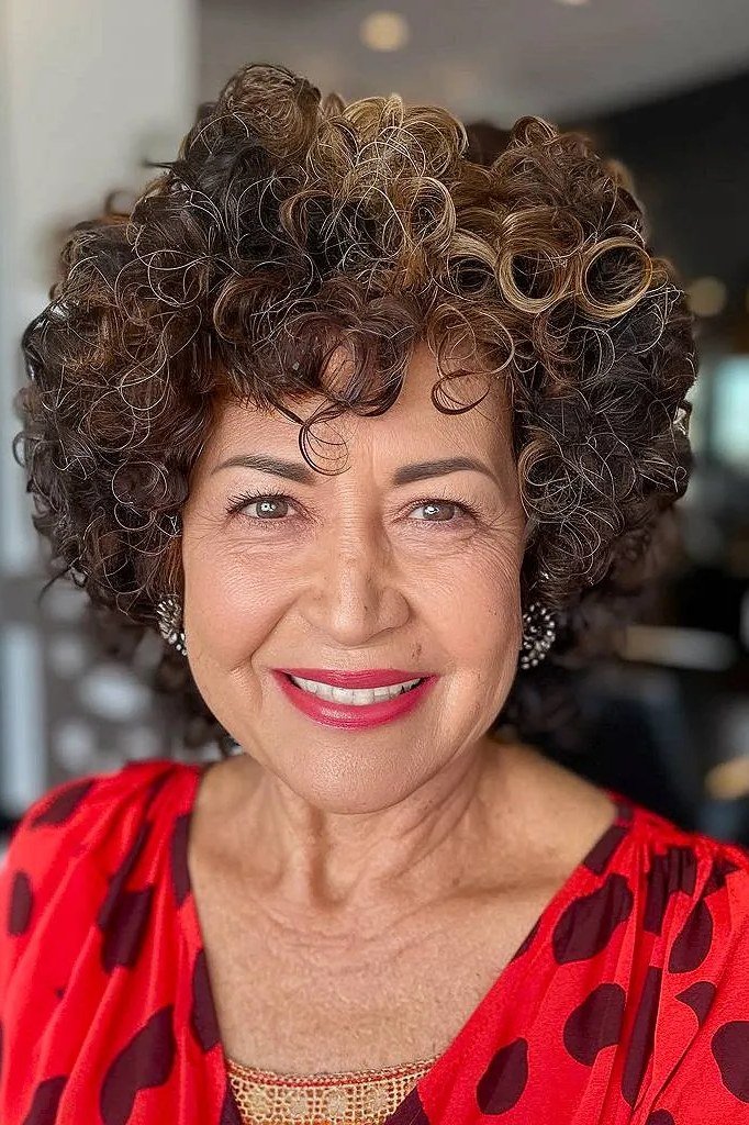 Brown Curly Crop with Bangs curly bangs hairstyle for women over 60