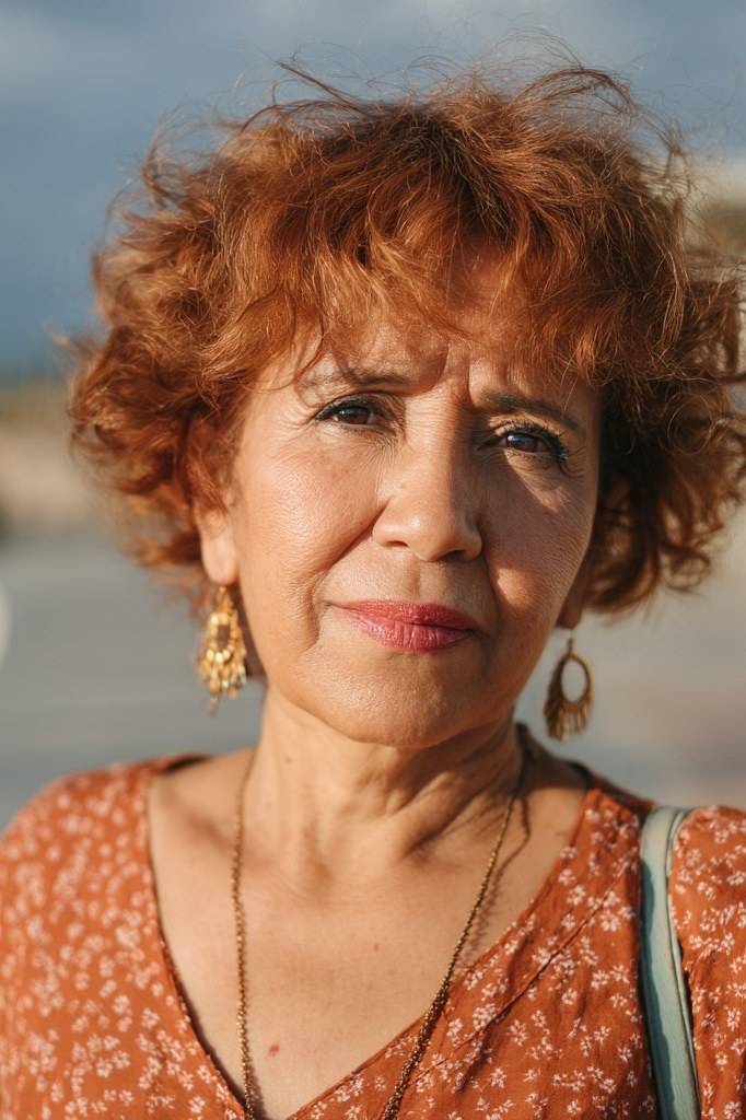 Auburn Curly Crop with Bangs curly bangs hairstyle for women over 60