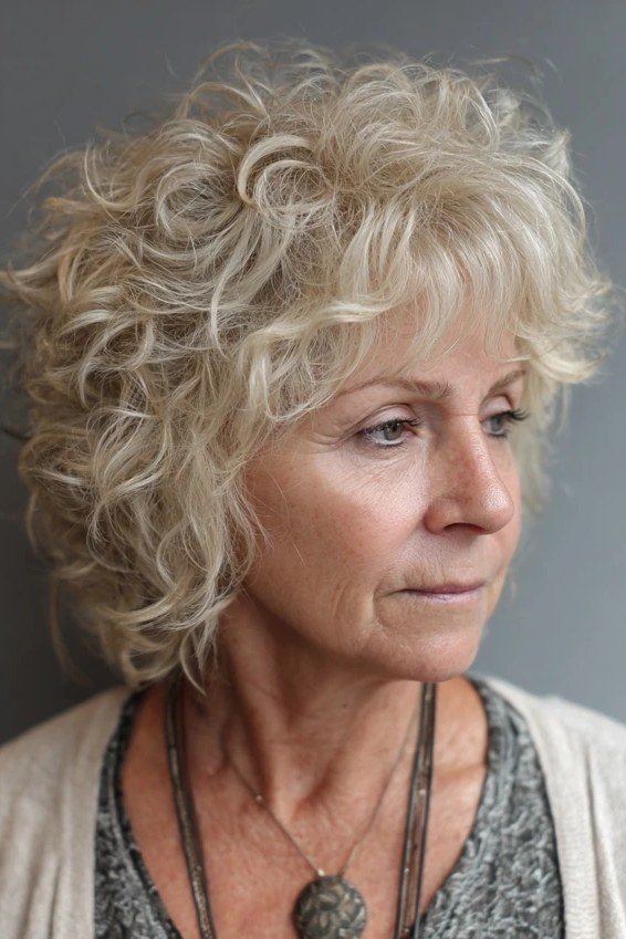 Platinum Curly Crop with Bangs curly bangs hairstyle for women over 60