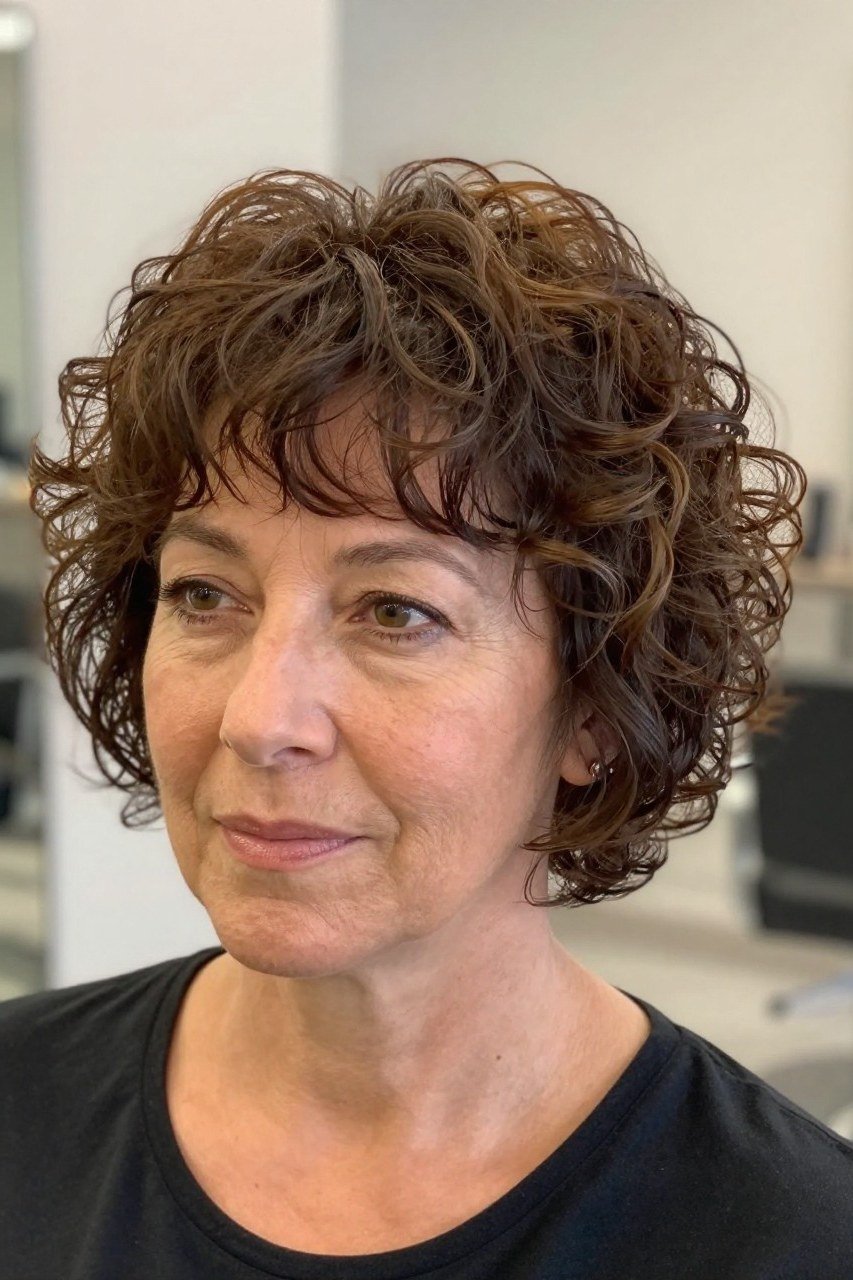 Brown Curly Bob with Bangs curly bangs hairstyle for women over 60