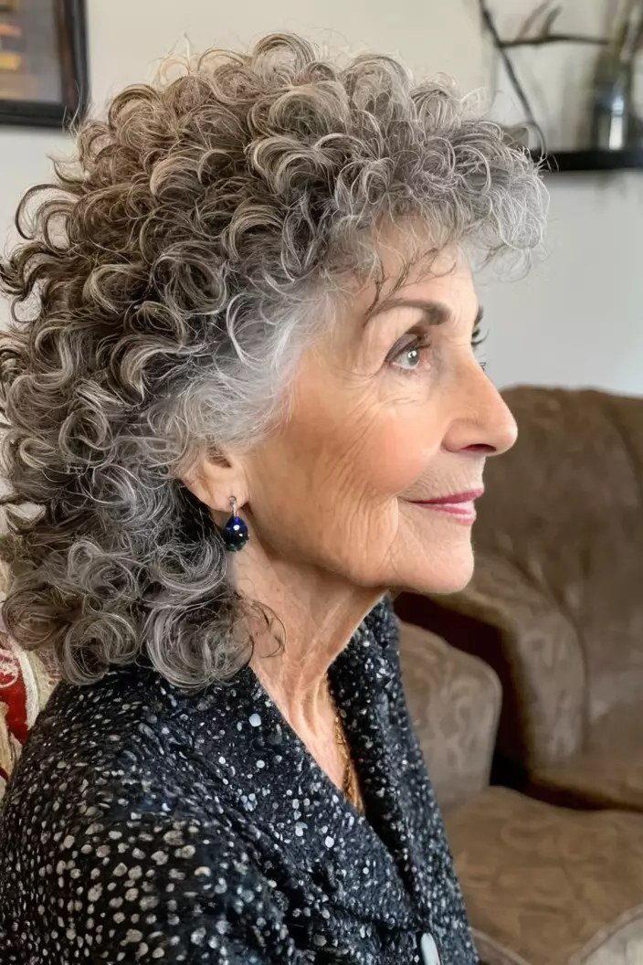 Silver Curly Bob with Bangs curly bangs hairstyle for women over 60