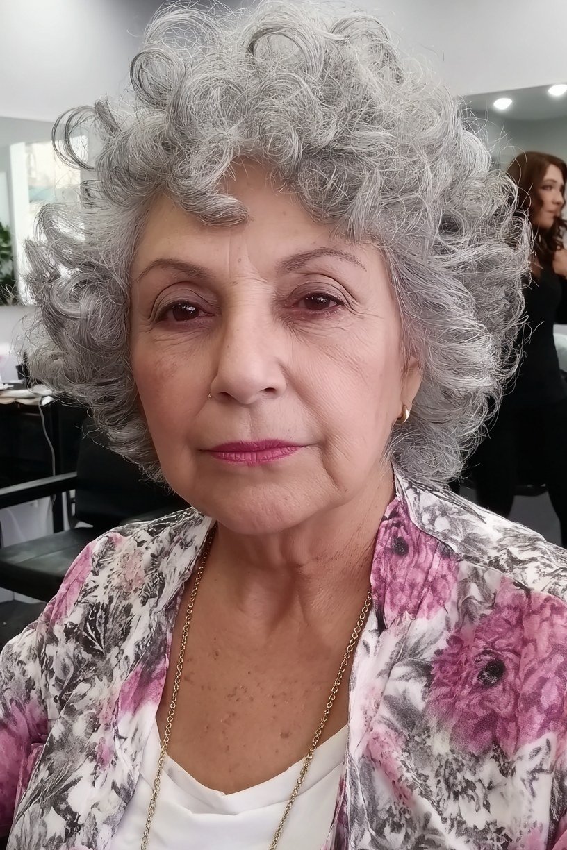 Gray Curly Bob with Bangs curly bangs hairstyle for women over 60