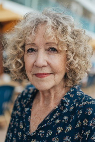 Sun-Kissed Blonde Curly Bob with Bangs curly bangs hairstyle for women over 60