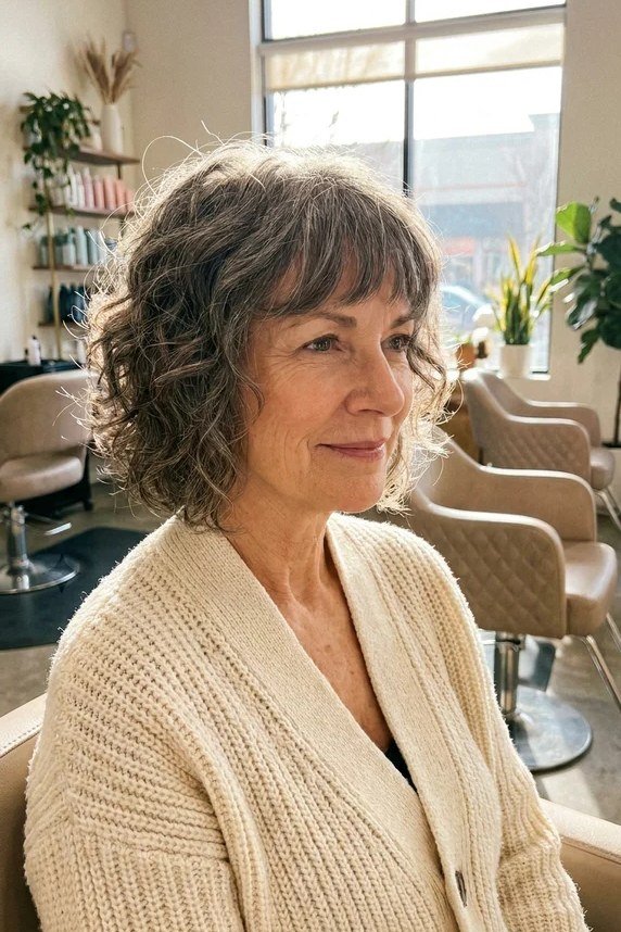 Gray Curly Shag with Soft Bangs curly bangs hairstyle for women over 60