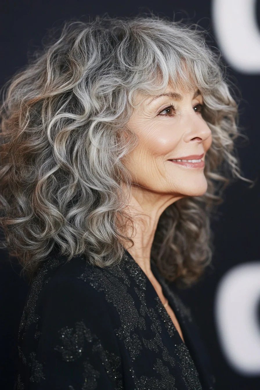 Long Silver Curly Hair with Bangs curly bangs hairstyle for women over 60