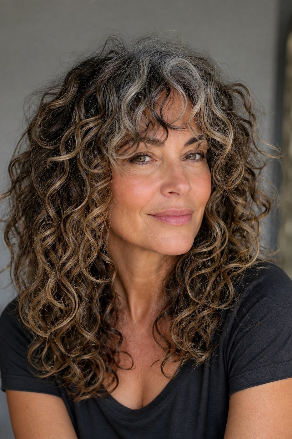 Long Brunette Curly Hair with Bangs curly bangs hairstyle for women over 60