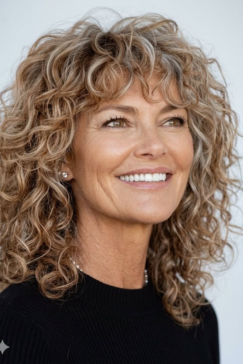 Long Blonde Curly Hair with Bangs curly bangs hairstyle for women over 60