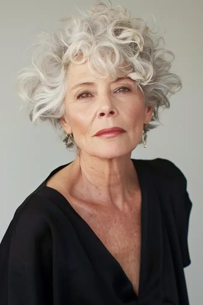 Gray curly bob for women over 60