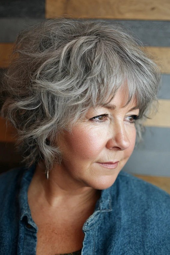 Rounded silver curly pixie haircut for women over 60