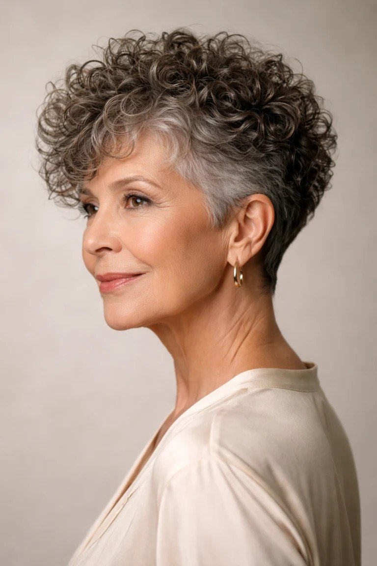 Salt and pepper curly pixie haircut for older women