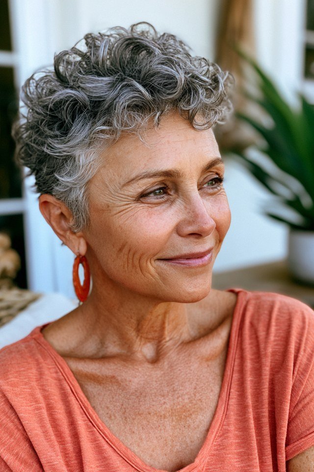 Salt and pepper textured curly crop for older women