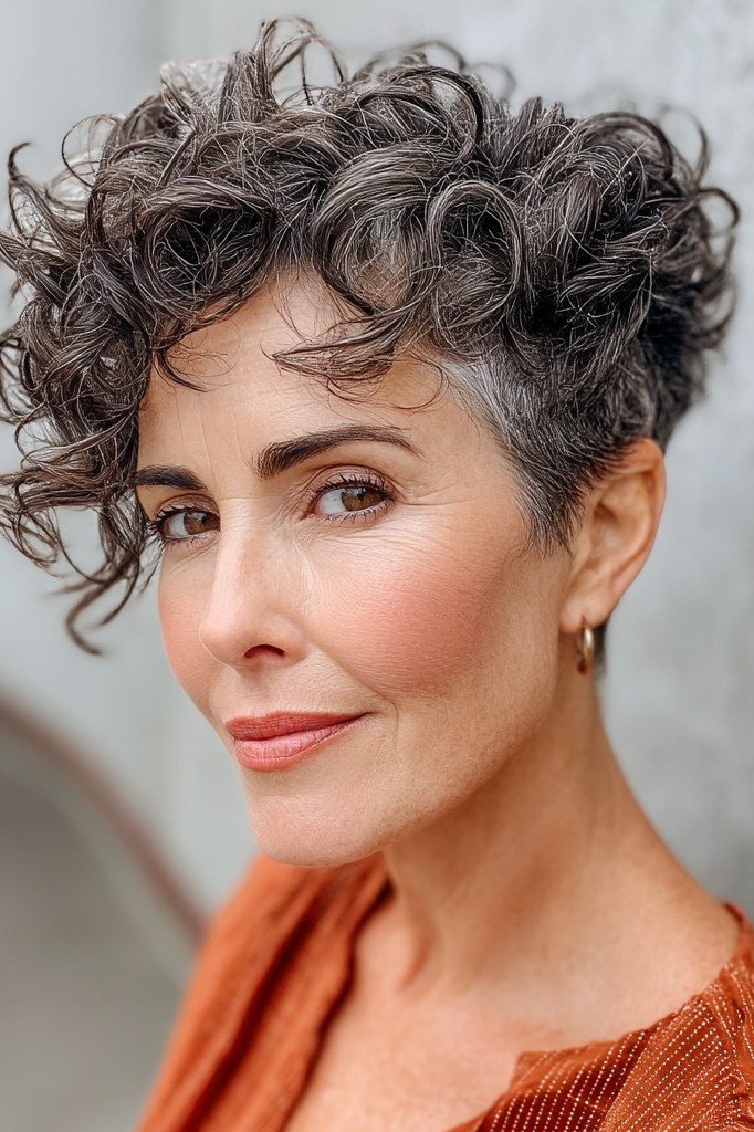 Tapered pixie with longer curls on top for women over 60