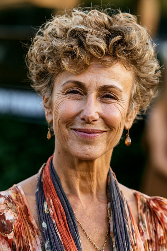 Soft salt and pepper curly crop with scarf for women over 60