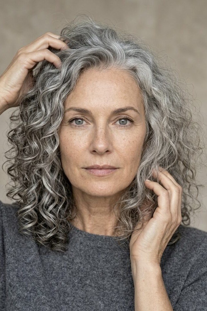 Long silver gray curly hair for women over 60