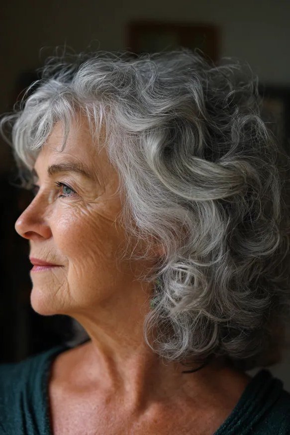 Side parted silver gray curls for older women