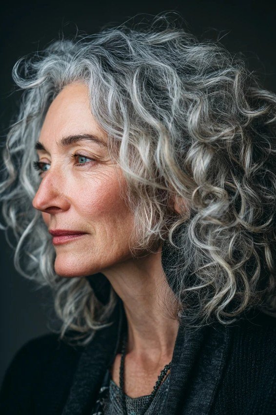 Silver gray curly bob with movement for older women