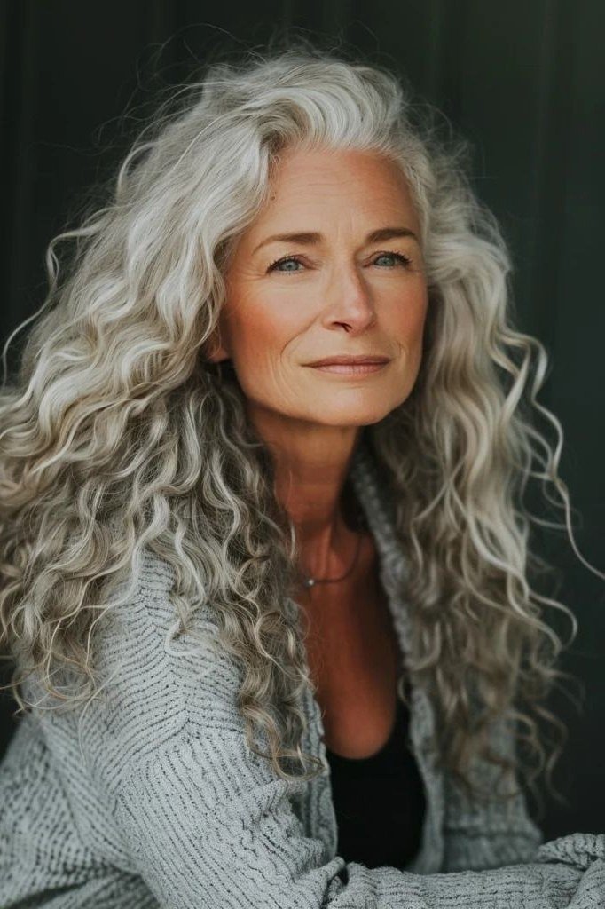 Long silver curly hair for women over 60