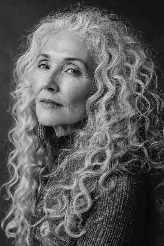 Long silver white curly hair for women over 60