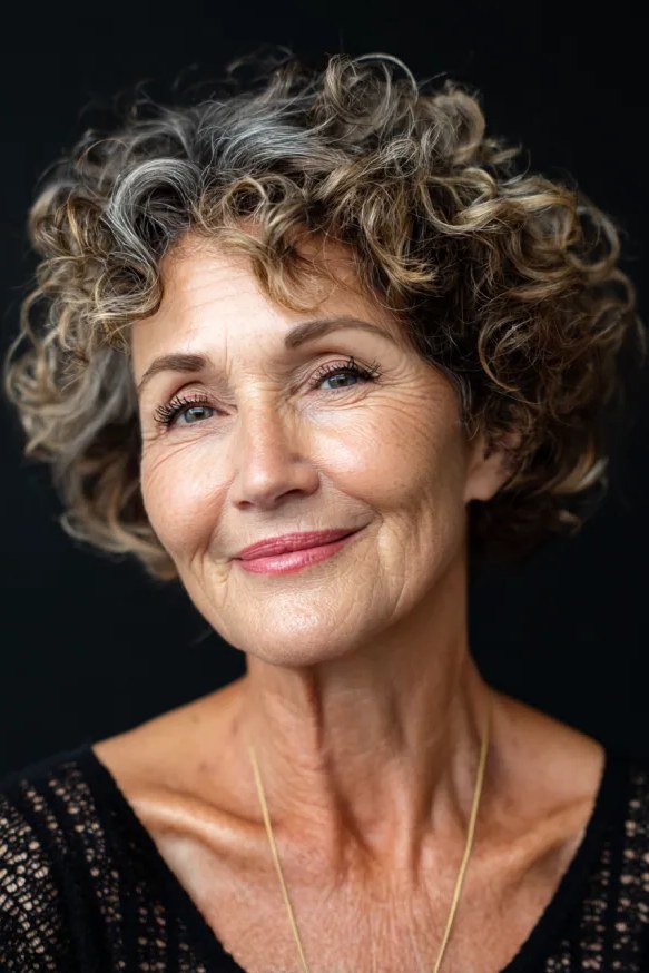 Defined salt and pepper short curly crop for older women