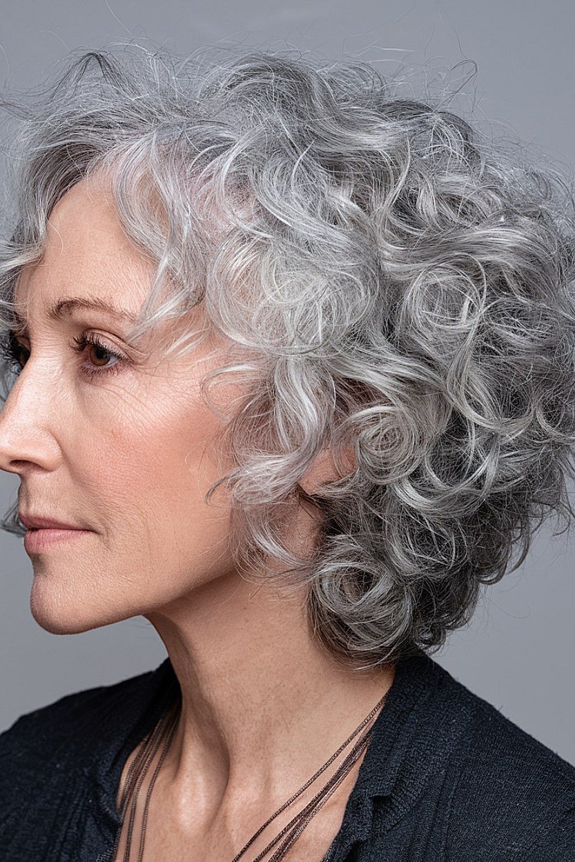 White curly crop with feathered sides for women over 60