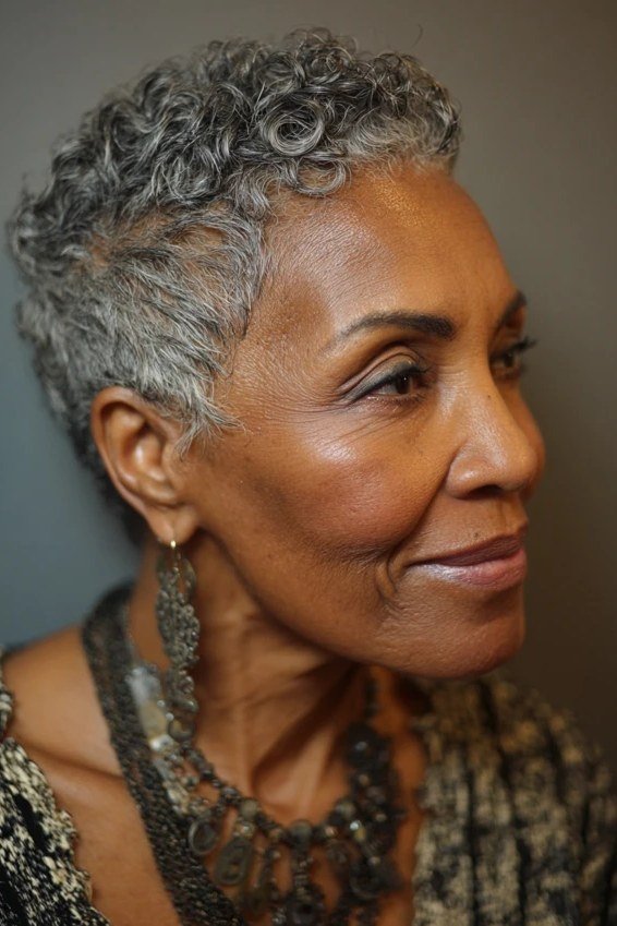 Close cut gray curly hair for older women