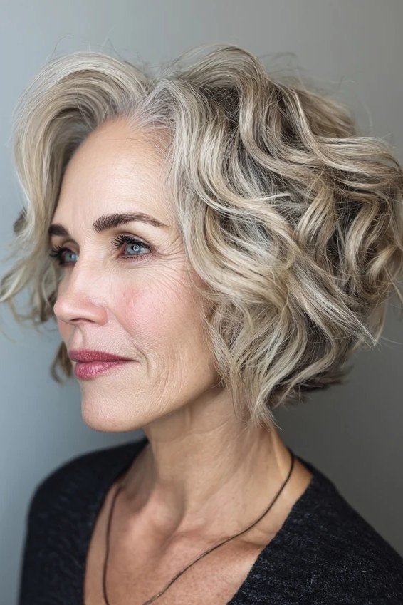 Voluminous silver gray curly bob for women over 60
