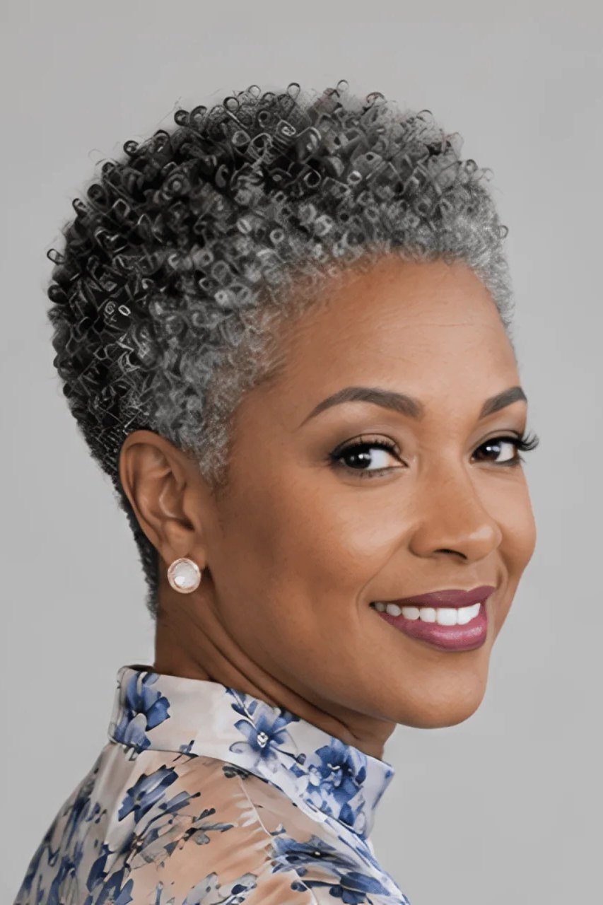 Gray curly crop with crown volume for older women