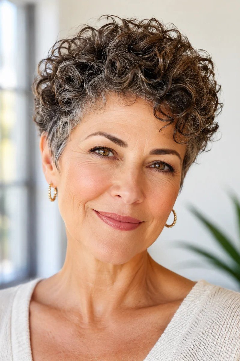 Classic salt and pepper curly crop for women over 60