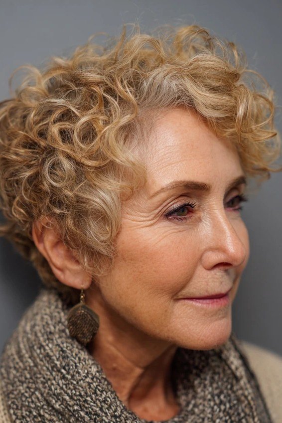 Tight salt and pepper curls short haircut for older women