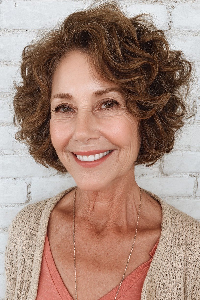 Warm brown curly bob for women over 60